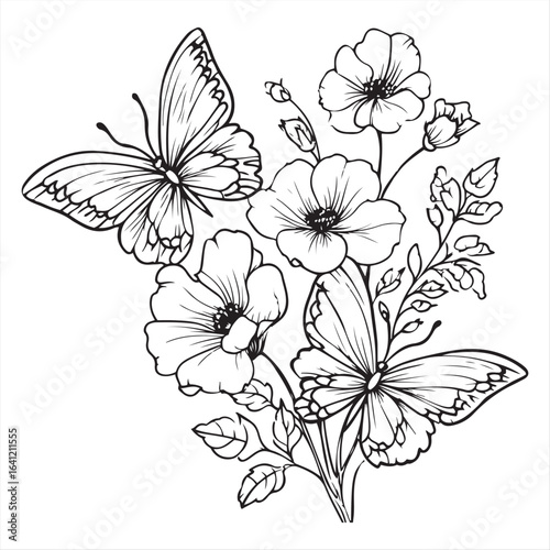 A black and white illustration of a butterfly delicately perched on a flowering stem, showcasing intricate details and a sense of gentle beauty