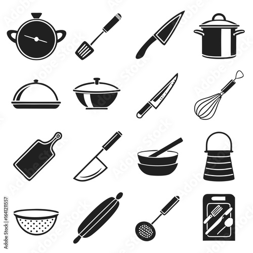 Kitchen Utensil Silhouette Icon Set Featuring Pots, Pans, Spatulas, Knives, Whisks, Bowls, and Cooking Tools for Culinary, Baking, and Food Preparation SVG Craft Projects

