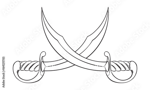 Curved vector silhouette of arabian sword. Cold weapon. Two crossed pirate sabers. Corsair's broadsword with a wide blade. Linear drawing on a white background.