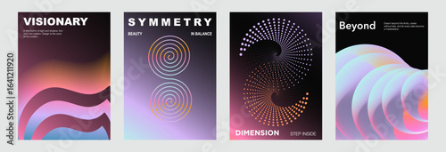 Modern abstract gradient posters set. Futuristic covers with vibrant geometric shapes, waves, spirals, and dots. Minimal design for wall art, exhibitions, flyers, brochures, covers, and web banners.