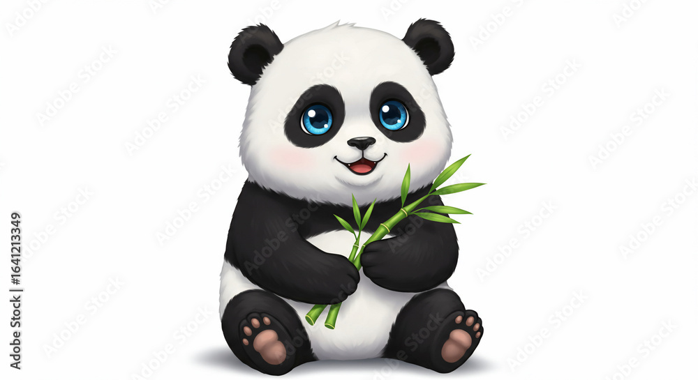 Naklejka premium A cute cartoon panda cub sits holding a small bunch of green bamboo shoots against a white background.