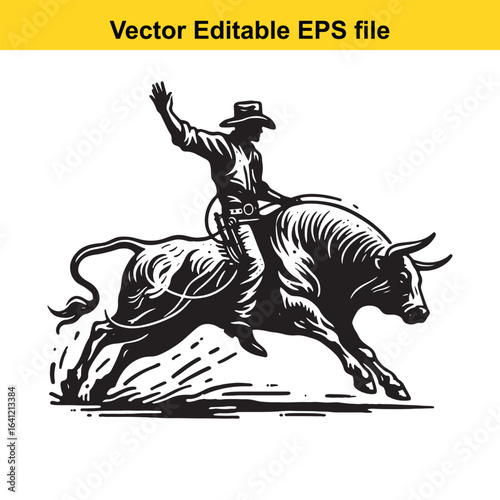 Cowboy Thrown from Bull, bull riding, Vintage Linocut Style Illustration