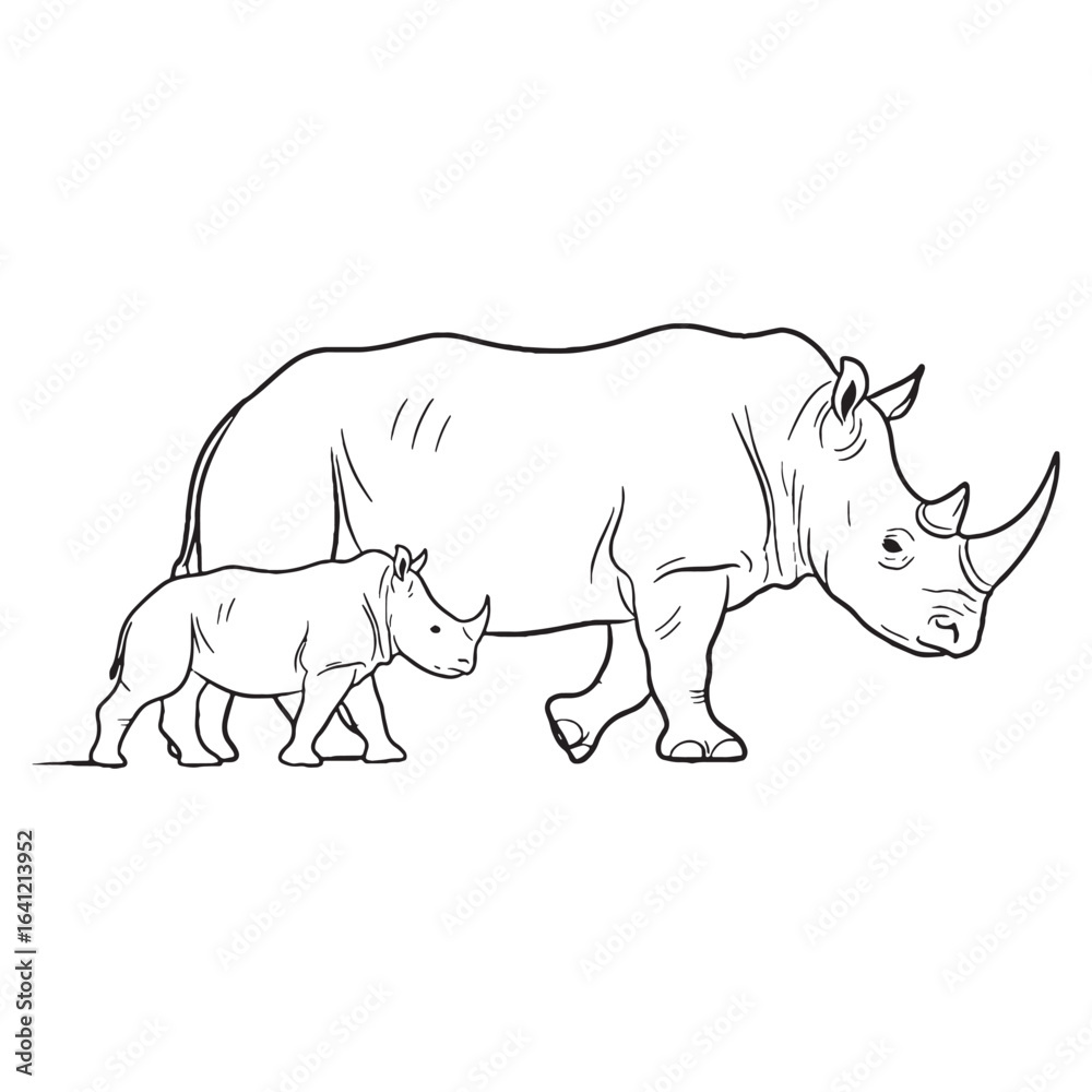Fototapeta premium Iconic Rhinoceros Line Art – Rhinoceros Vector Outline Drawing with Recognizable Horn and Massive Build – Rhinoceros Drawing – Vector of Rhinoceros – Rhinoceros Outline