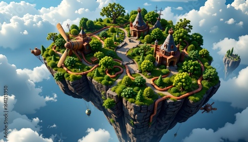 this is an artistic digital rendering featuring a fantastical island like structure floating in mid air against a clear sky backdrop
