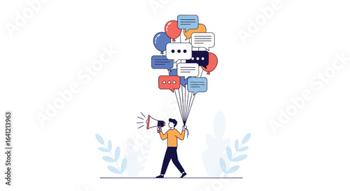 Man with megaphone releasing communication bubbles in the air creating a positive and connected atmosphere