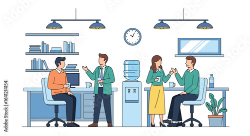 Colleagues engaging in casual conversation around a water cooler in a modern office setting
