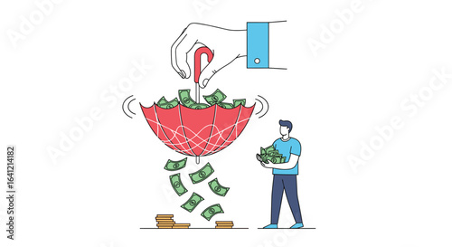 Financial protection under an umbrella with money pouring down onto a man collecting cash