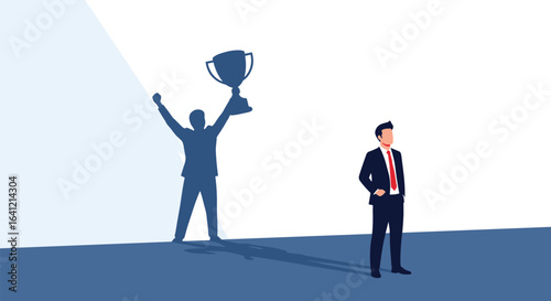 Man standing looking at his shadow holding a trophy symbolizing success and achievement in business