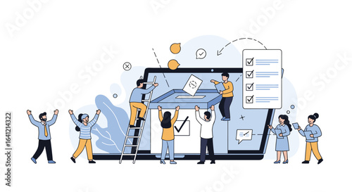 Digital voting process explained with people participating in online elections using a laptop and checklist