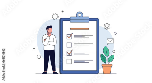A thoughtful man stands next to a clipboard with a detailed checklist and progress markers