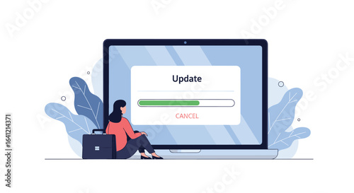 Visualizing the process of software updating on a laptop screen with a person waiting patiently for completion
