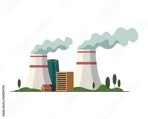 Industrial power plant with cooling towers and smoke