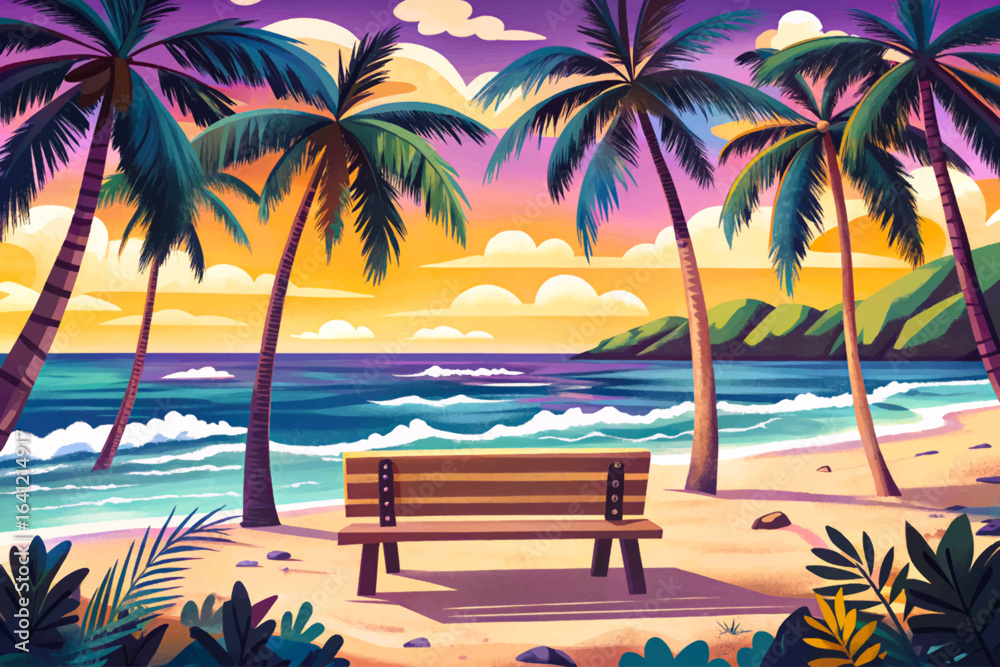 Obraz premium Tropical beach landscape with tall palm trees, golden sand, turquoise sea waves cartoon wallpaper