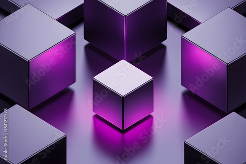Geometric Arrangement of Reflective Cubes in Purple Hues A Modern Abstract Display