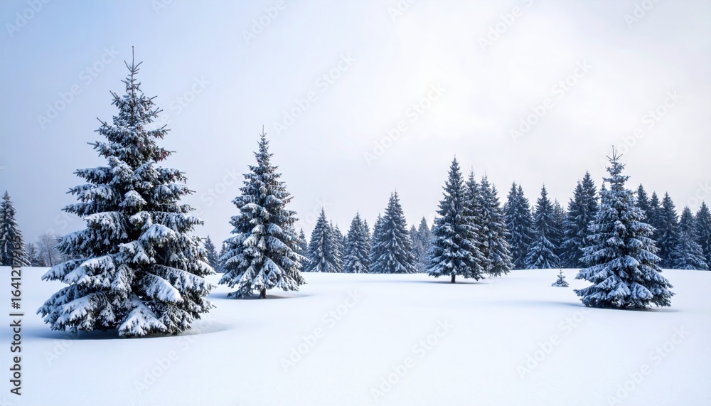 Tranquil Winter Landscape Featuring Majestic Fir Trees Blanketed in Fresh Powdery Snow Under Blue Sky Tranquil Winter Landscape Featuring Majestic Fir Trees Blanketed in Fresh Powdery Snow Under Blue Sky