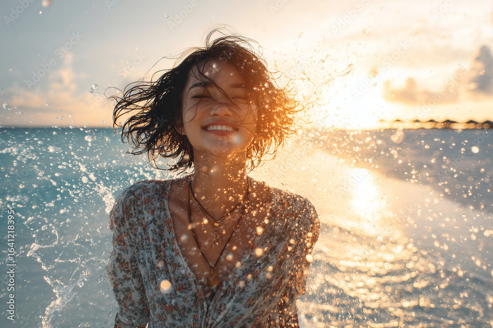 Obraz premium Joyful young woman enjoying a splash of water at the beach during a golden sunset