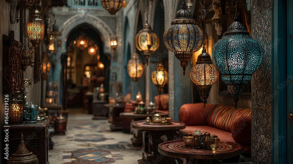 Obraz premium Moroccan Interior Decor With Hanging Lanterns And Warm Lighting