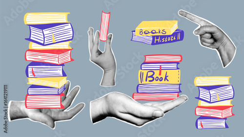 Retro collage elements with various books. Halftone hands in vintage style. 