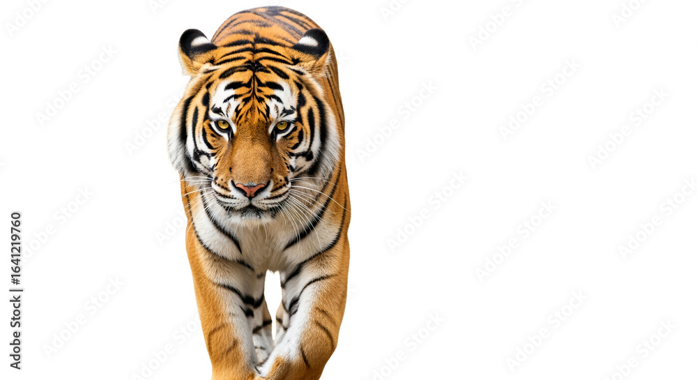 Obraz premium Isolated tiger walking wildlife animal bengal tiger predator feline carnivore big cat nature zoo orange stripes
