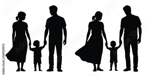 Silhouette of two families walking hand in hand – adults and children in black vector illustration symbolizing unity, care, and connection
