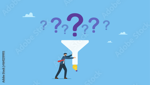 Smart businessman with funnel or filter to get solution from question mark. Solving problem, solution or result from business difficulty, research or discover new idea, creativity to answer questions.