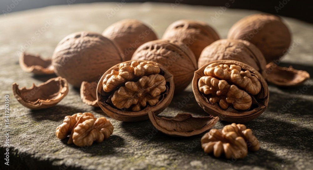 Close-up of walnuts, some cracked open, on a stone surface