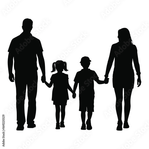 Silhouette of family walking hand in hand – two adults and two children in center – black vector illustration symbolizing unity and love