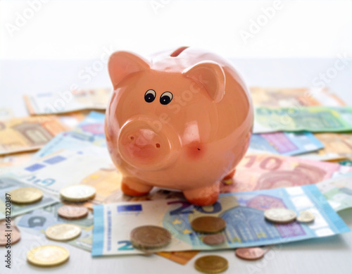  An adorable, Chubby ceramic piggy bank with a playful smile, captured with partial blur around the corners for a dreamy effect