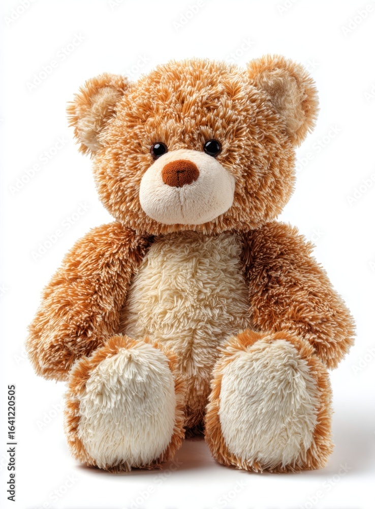 Obraz premium A soft, plush teddy bear with curly brown fur sits upright, showcasing its light tan muzzle, paws, and inner ears, creating a comforting and adorable appearance.