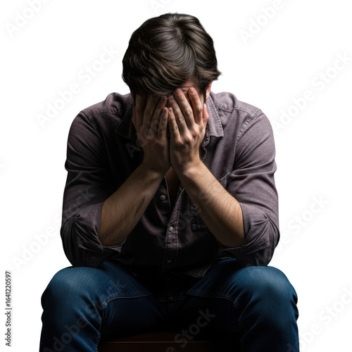 Man hiding face in hands isolated on transparent background