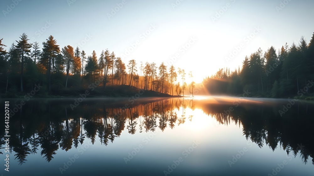 Fototapeta premium Serene forest landscape reflected in a calm lake, golden sunlight filtering through trees with perfect symmetry.