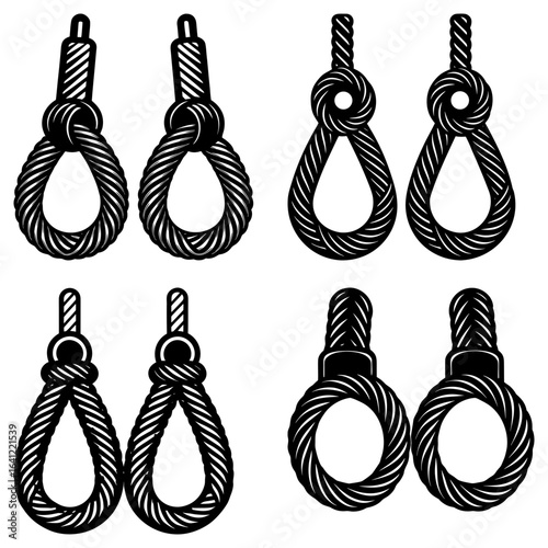 Collection of six black and white rope nooses with different knot styles in a vector illustration