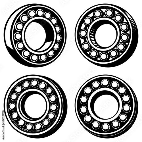 Four black and white illustrations of ball bearings arranged in a square formation on white background