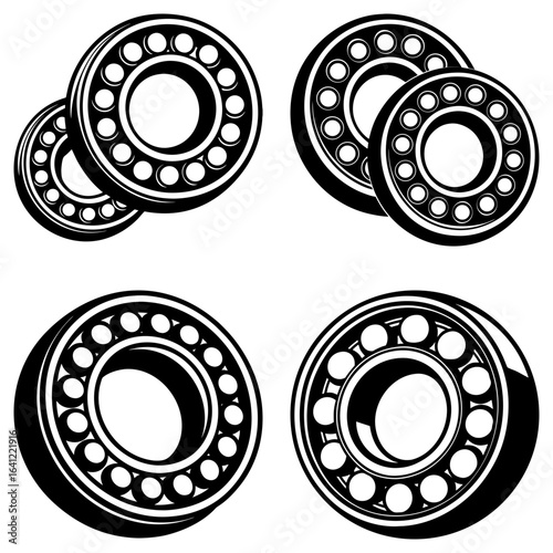 Illustration showing four black and white ball bearings in different orientations on a white background