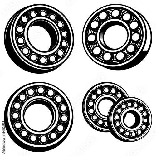 Four black and white drawings of ball bearings with visible internal components and circular designs present