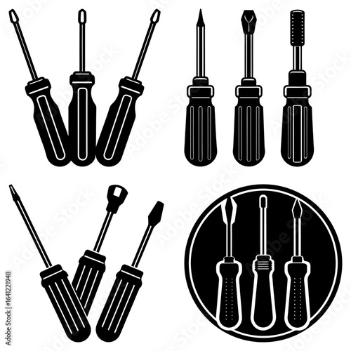 Illustration of various screwdrivers with different heads and handles in black and white design