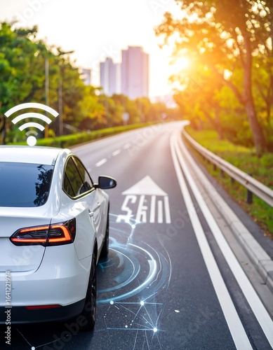 Autonomous vehicle on highway, futuristic tech