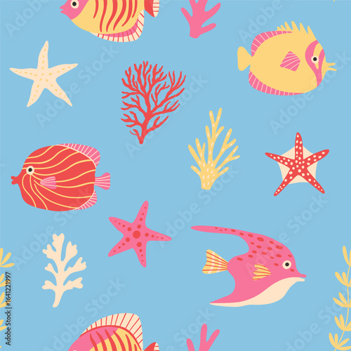 Seamless pattern with tropical fish, corals, and starfish on blue background. Colorful ocean reef marine life illustration for summer, kids, fabric, and wrapping paper