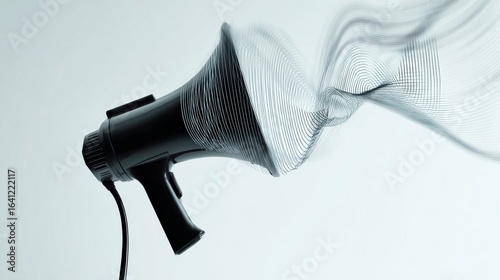 A black megaphone emits dynamic wavy sound waves against a light blue background, symbolizing communication,