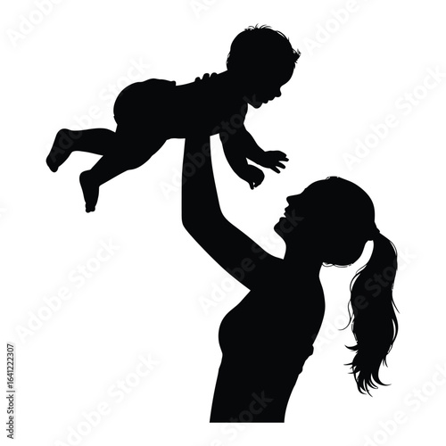 Silhouette of person lifting baby joyfully into the air – black vector illustration symbolizing love, care, parenting, and emotional bonding