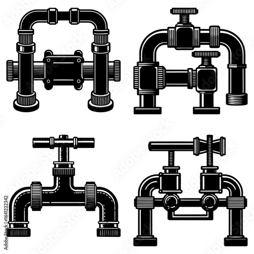 Illustration of four different black and white pipeline constructions with valves and fittings shown