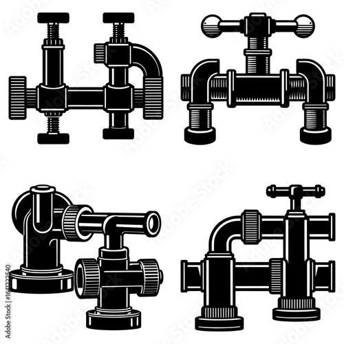 Four industrial pipe fittings and valves in black and white vector illustration design element set