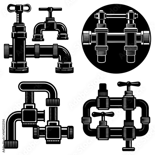 Various black and white plumbing fittings and valves arranged in a symmetrical and organized manner