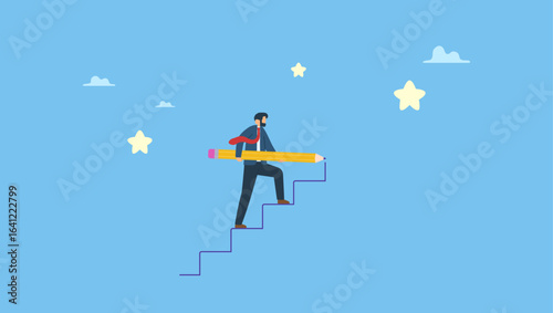 Smart businessman use pencil to draw rising up staircase and walk climbing up ladder. Business development successful, strategy to reach business target or career path achievement.