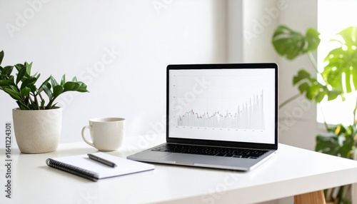 Modern Workspace Featuring a Sleek Laptop on a Desk Accompanied by a Lively Plant and Coffee Cup