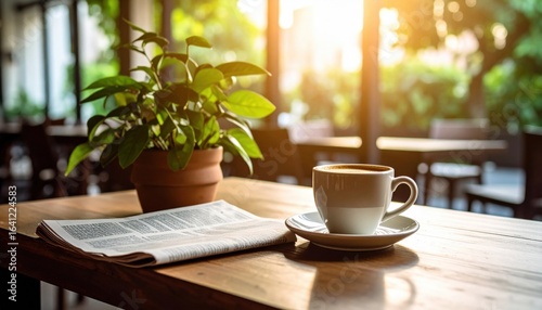Cozy Morning Scene Featuring Freshly Brewed Coffee and Daily Newspaper on Wooden Table Creating Calm Vibe
