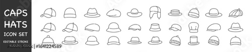 Hat and Cap icon set. Headwear outline icons. Editable stroke. Vector illustration