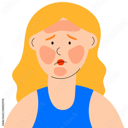 Sunburned woman illustration. Flat vector style showing facial redness from sun exposure, perfect for dermatology, skincare, and health awareness themes.