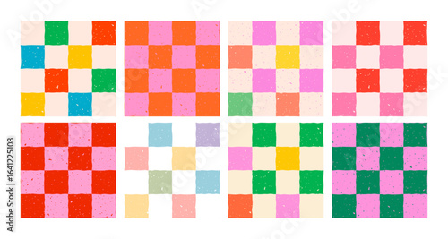 Colorful checker pattern backgrounds with red, pink, orange, green, blue, yellow, and pastel squares. Seamless playful vector patterns for wrapping, kids party decor or fabric. Drag to swatches panel