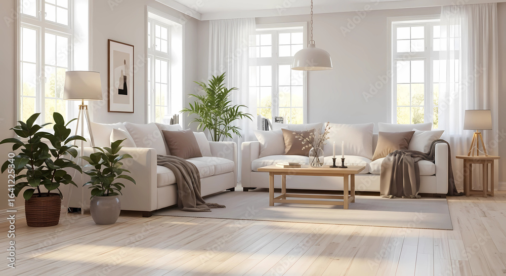 Scandinavian minimalist living room with light wooden floor and cozy white furniture Scandinavian minimalist living room with light wooden floor and cozy white furniture